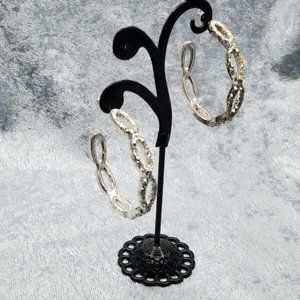 vintage silver tone textured w/chrystals large hoop earrings